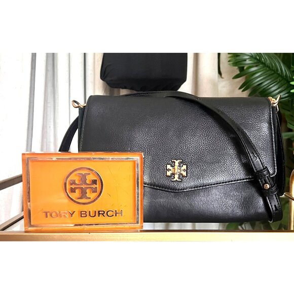 Tory Burch Black Leather and Suede Kira Handbag With Gold Logo Accents & Adjusta - Picture 1 of 13